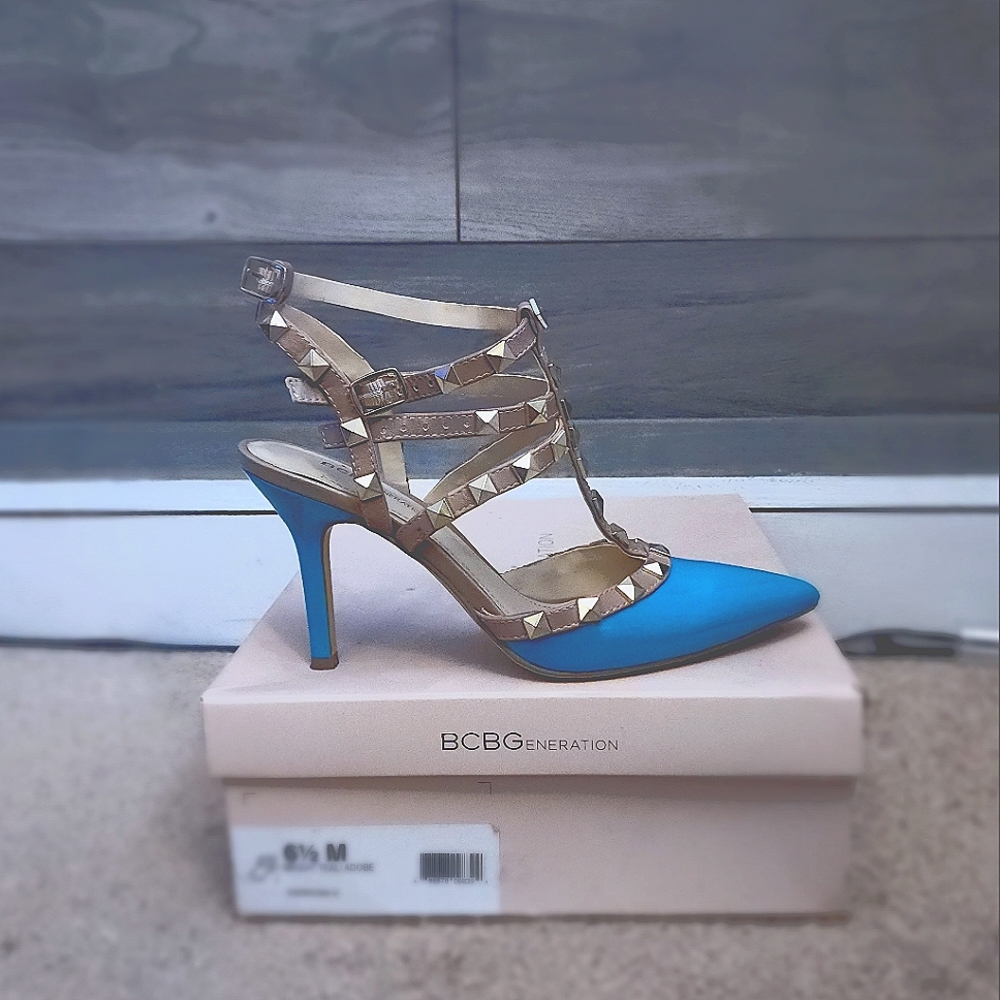 BCBG Strappy Studded Teal Heels